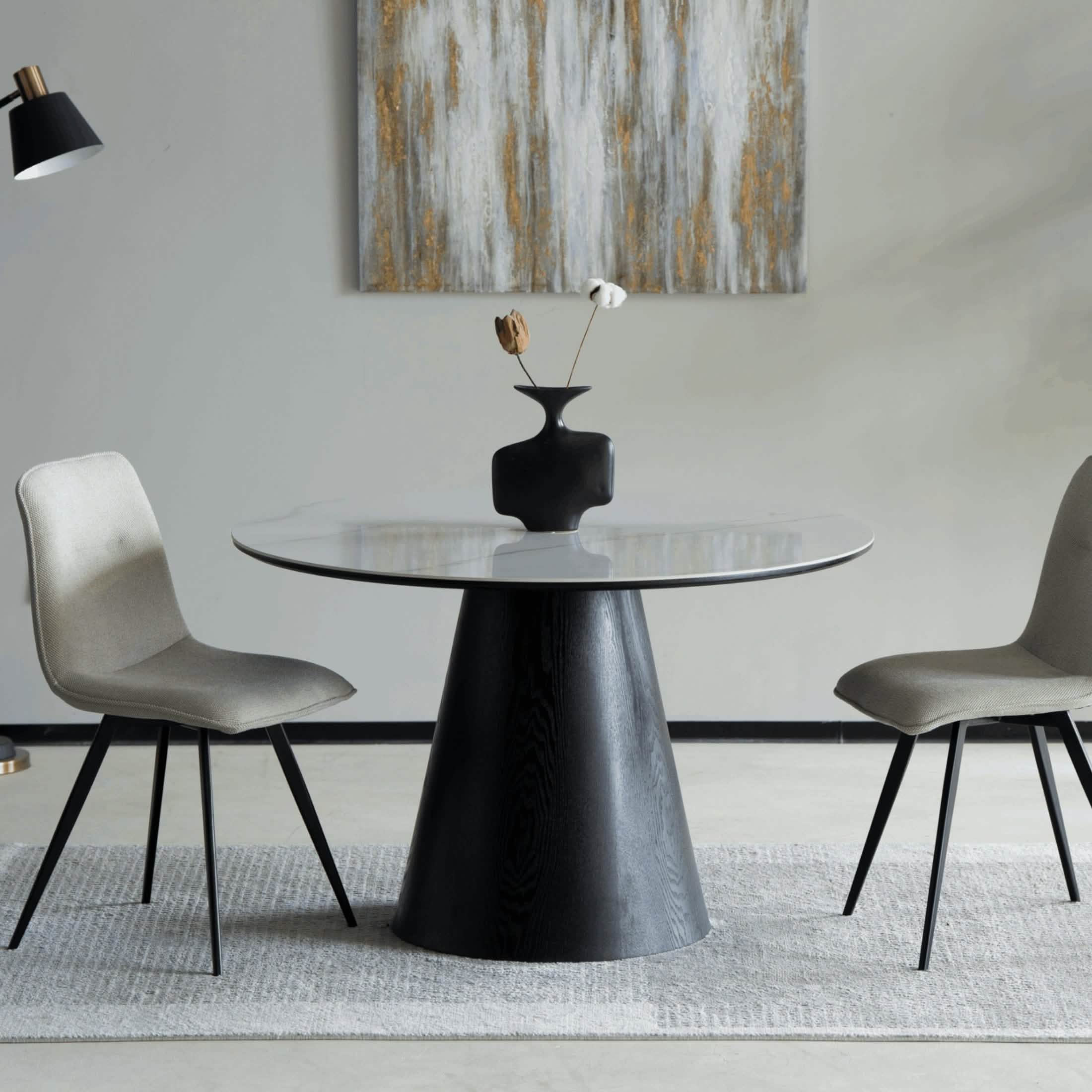 Riven 47" Round Dining Table with Sintered Stone Top and Ash Wood Veneer Base Black Dining Table Leisuremod