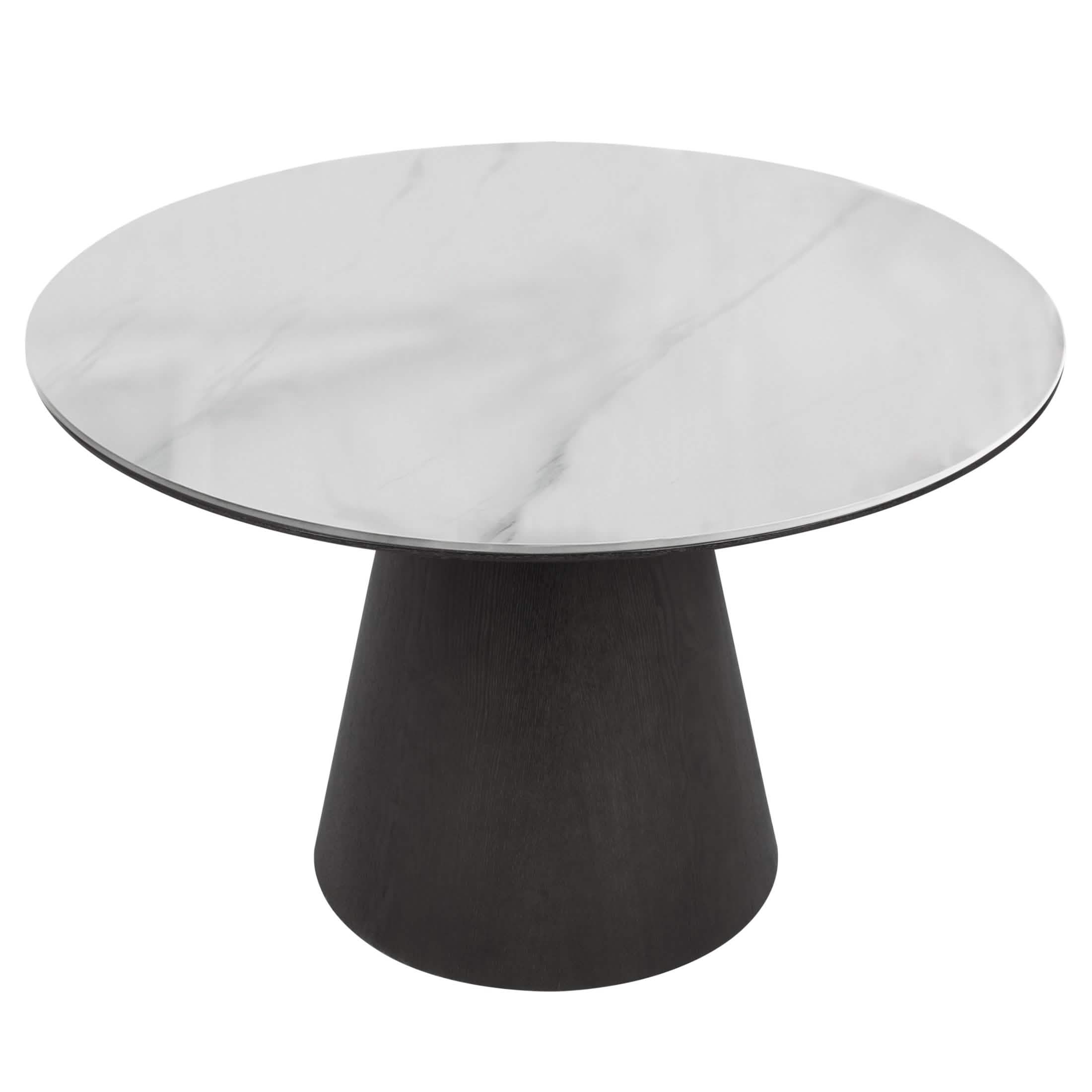 Riven 47" Round Dining Table with Sintered Stone Top and Ash Wood Veneer Base Black Dining Table Leisuremod