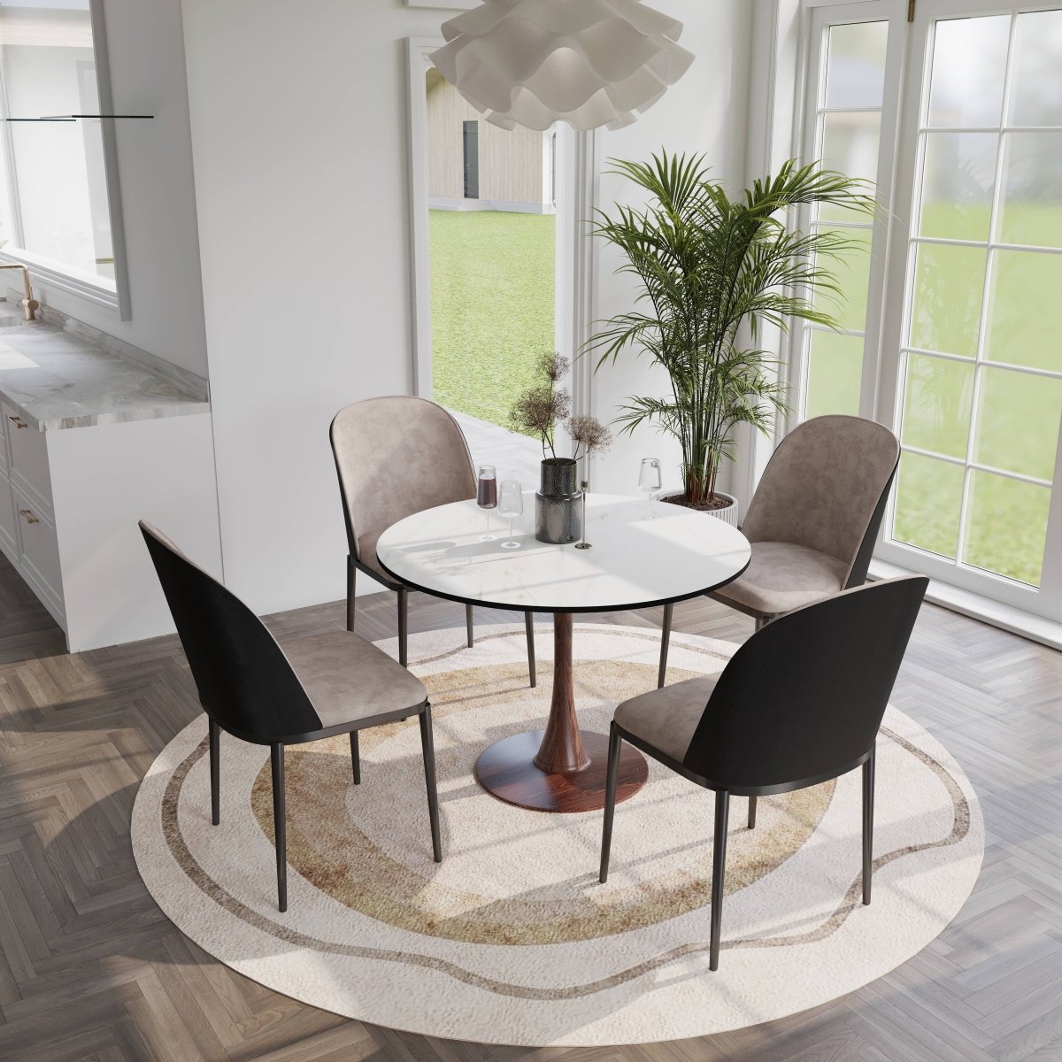 Leisuremod Dining Table Bristol 27"/31"/35"/40" Round Dining Table Wood Transfer Cherry/Natural/Walnut Base with Sintered Stone Table Top