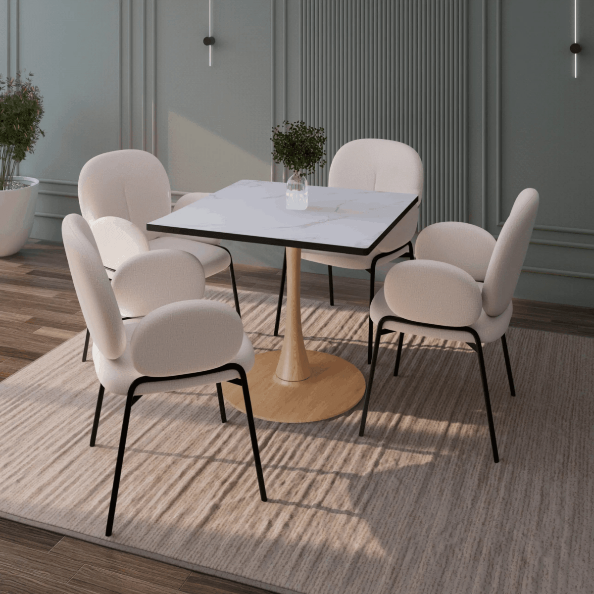 Leisuremod Dining Table Bristol 27" Square Dining Table with Marbled White MDF Top and Steel Pedestal Base
