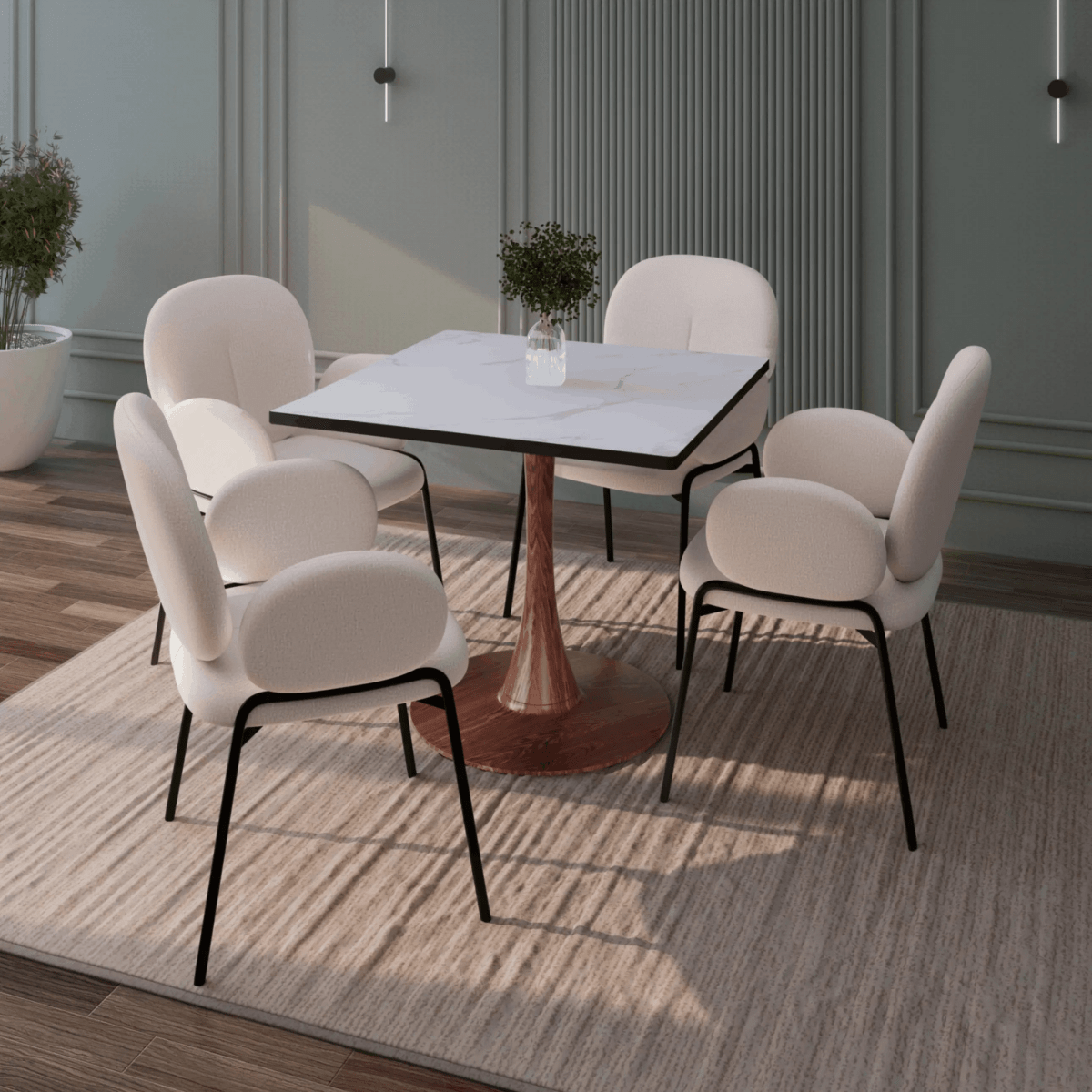 Leisuremod Dining Table Bristol 27" Square Dining Table with Marbled White MDF Top and Steel Pedestal Base