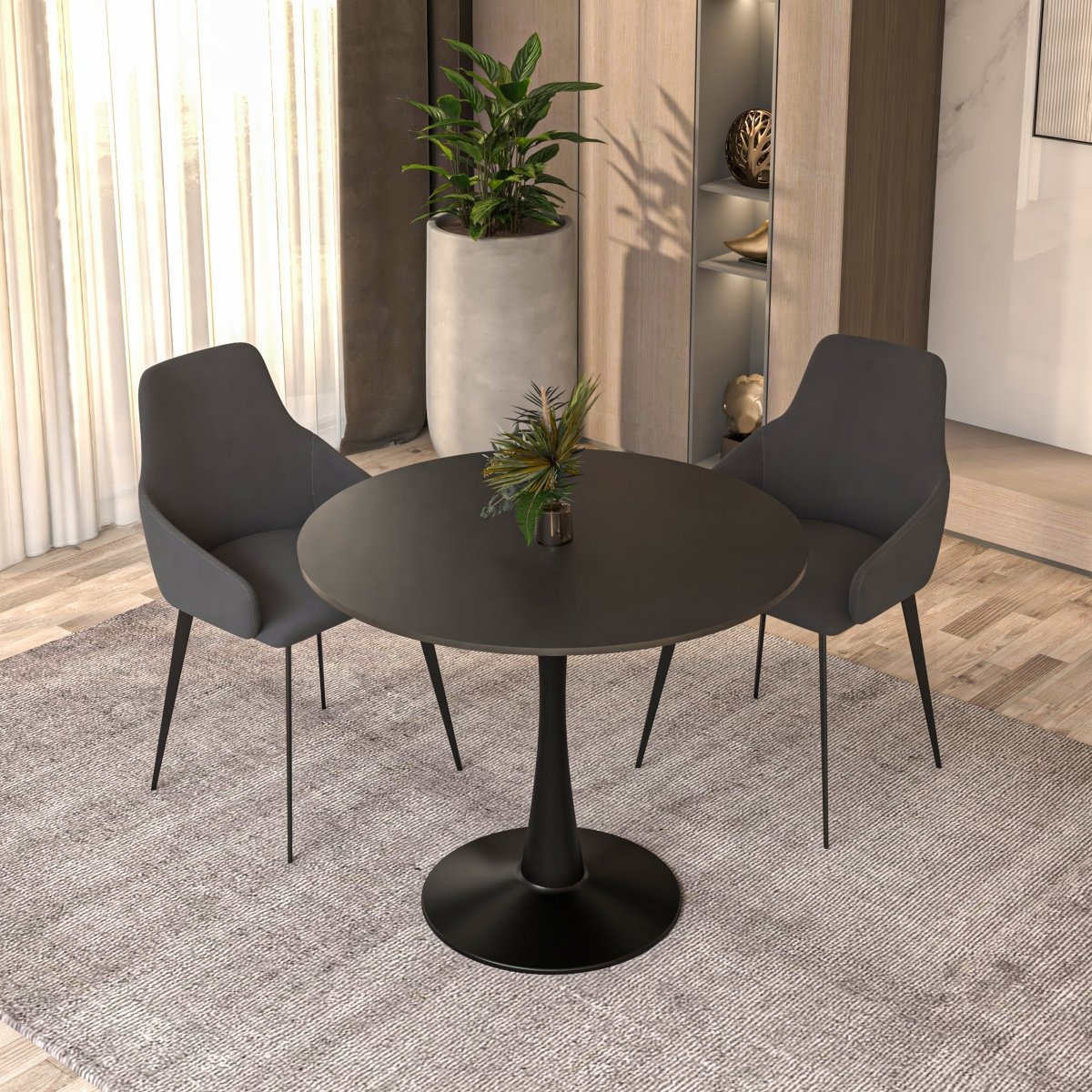 Leisuremod Dining Table Bristol Round Dining Table with MDF/Sintered Stone/Glass Tabletop in Black Steel Base
