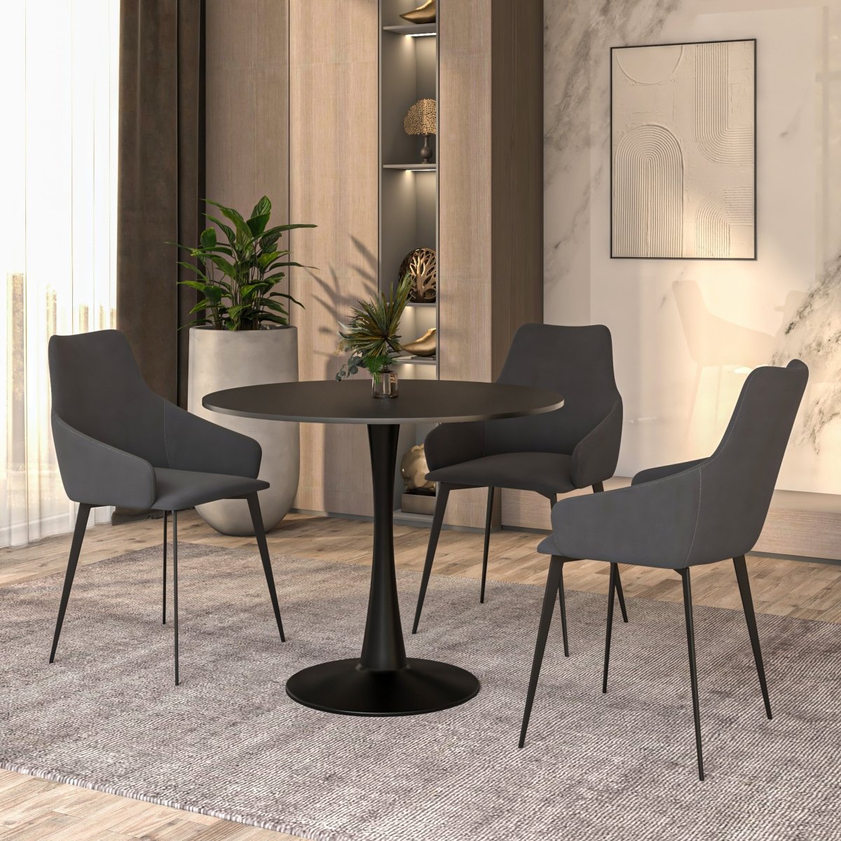 Leisuremod Dining Table Bristol Round Dining Table with MDF/Sintered Stone/Glass Tabletop in Black Steel Base