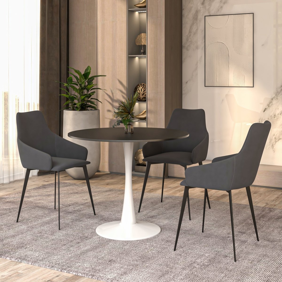 Leisuremod Dining Table Bristol Round Dining Table with MDF/Sintered Stone/Glass Wood Tabletop in White Steel