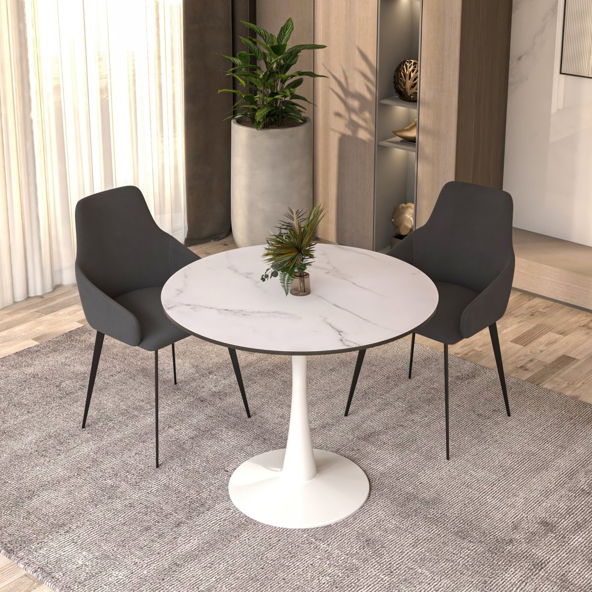 Leisuremod Dining Table Bristol Round Dining Table with MDF/Sintered Stone/Glass Wood Tabletop in White Steel