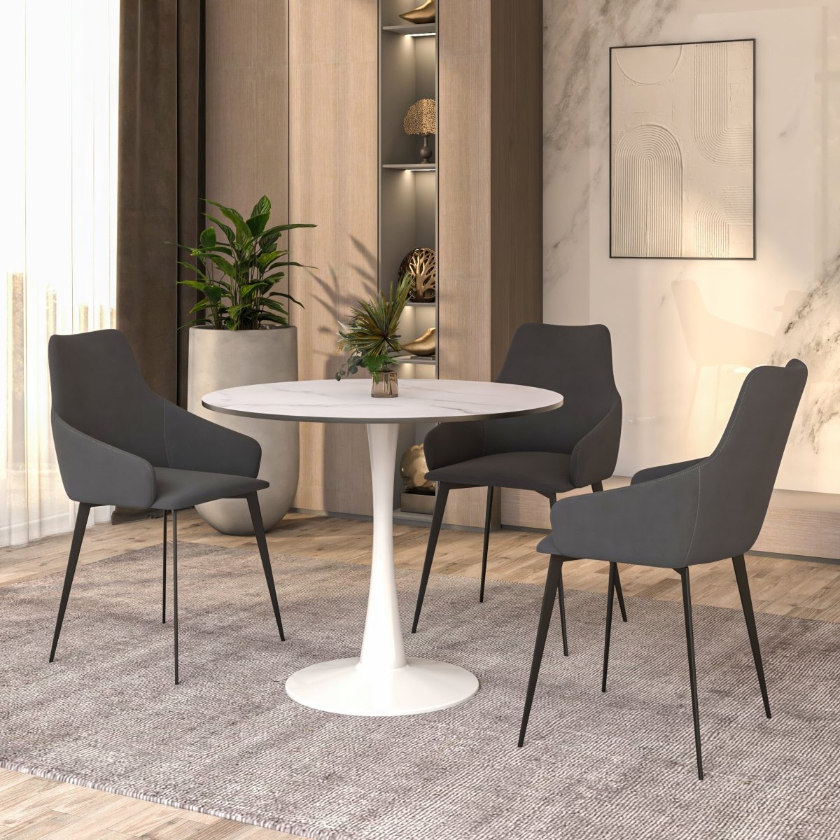Leisuremod Dining Table Bristol Round Dining Table with MDF/Sintered Stone/Glass Wood Tabletop in White Steel