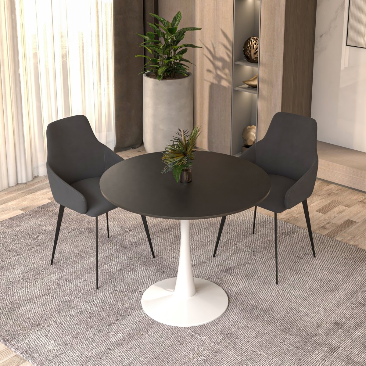 Leisuremod Dining Table Bristol Round Dining Table with MDF/Sintered Stone/Glass Wood Tabletop in White Steel