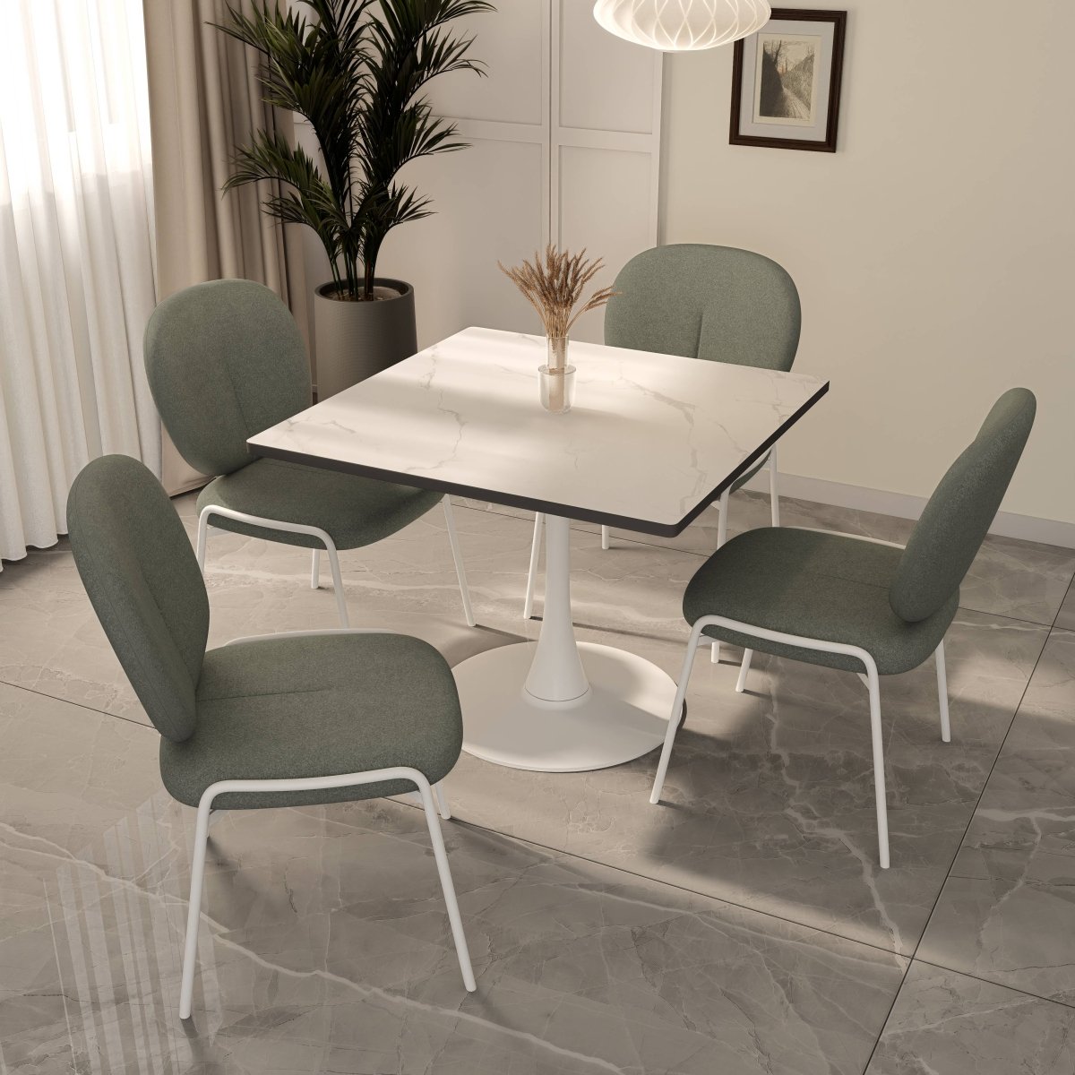 LeisureMod Dining Table Bristol Square Dining Table with Marble White MDF Top and Steel Pedestal Base