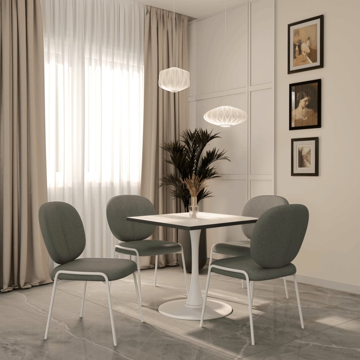 LeisureMod Dining Table Bristol Square Dining Table with Marble White MDF Top and Steel Pedestal Base
