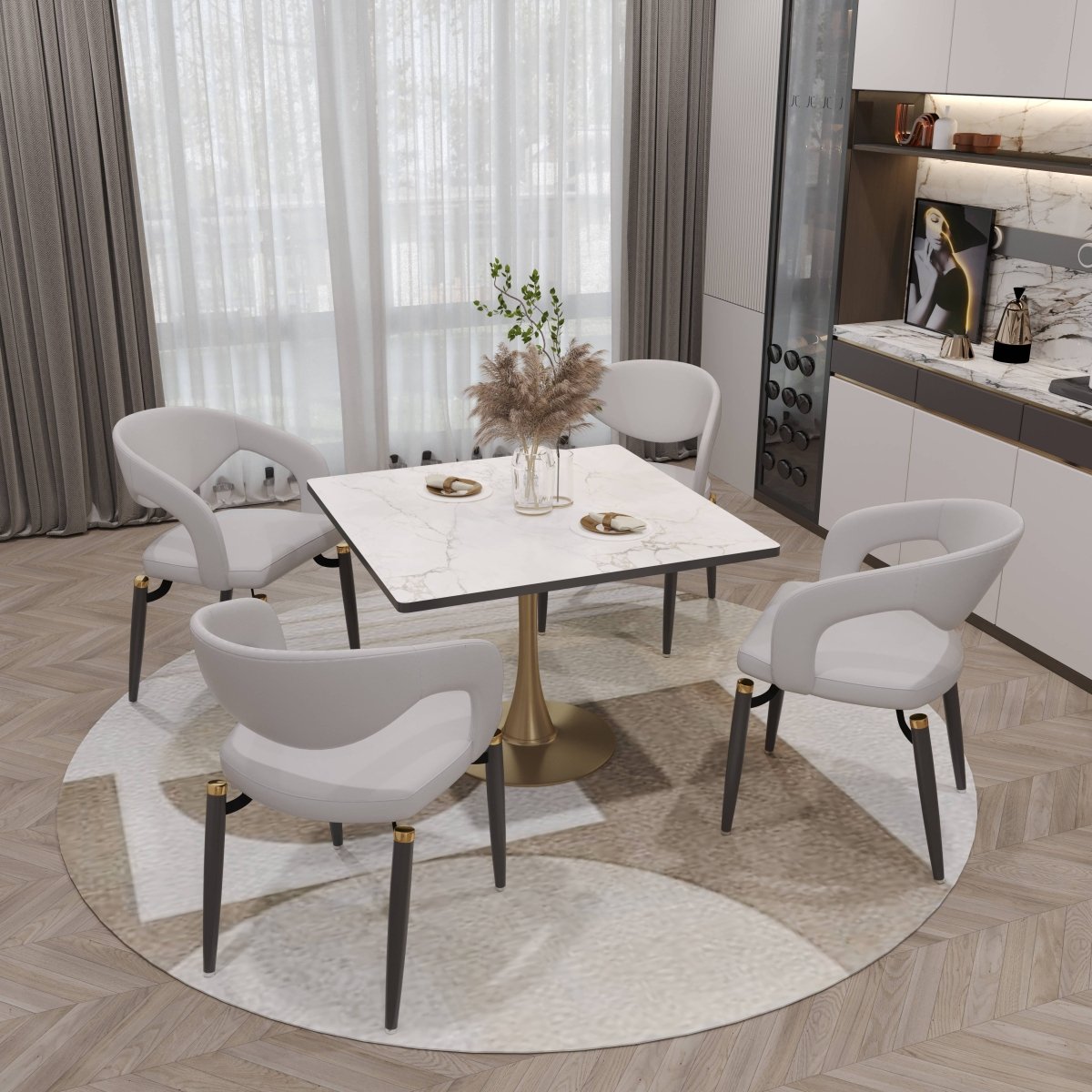 LeisureMod Dining Table Bristol Square Dining Table with Marble White MDF Top and Steel Pedestal Base