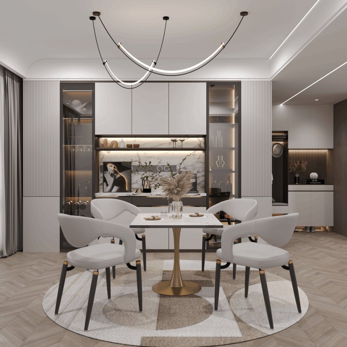 LeisureMod Dining Table Bristol Square Dining Table with Marble White MDF Top and Steel Pedestal Base