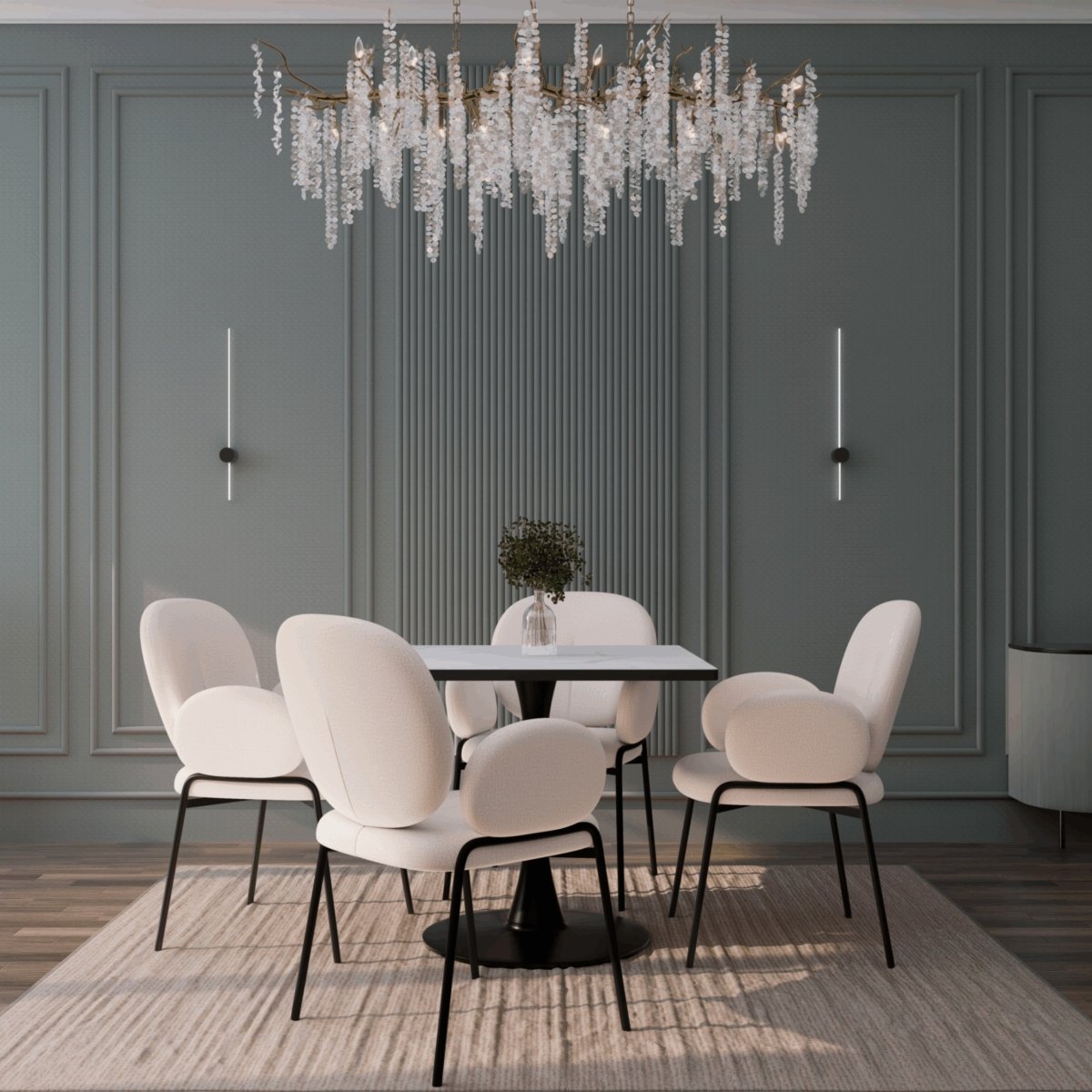 LeisureMod Dining Table Bristol Square Dining Table with Marble White MDF Top and Steel Pedestal Base
