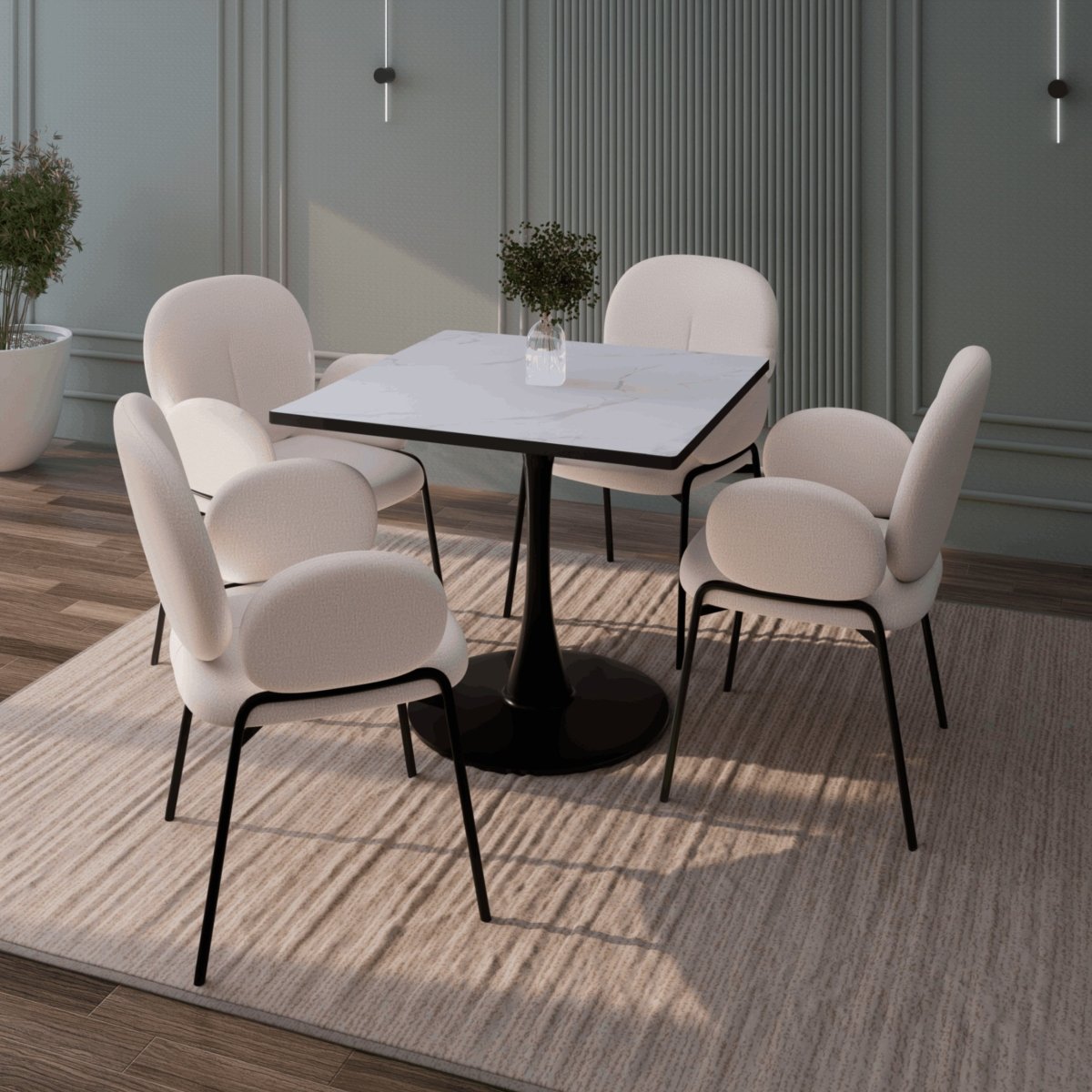 LeisureMod Dining Table Bristol Square Dining Table with Marble White MDF Top and Steel Pedestal Base