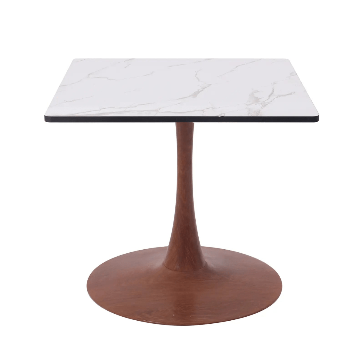 Leisuremod Dining Table Cherry Bristol 27" Square Dining Table with Marbled White MDF Top and Steel Pedestal Base