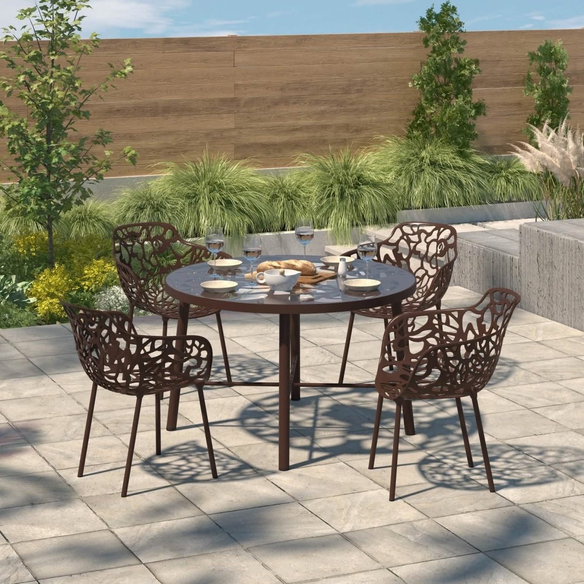 Devon Tree Design Glass Top Aluminum Base Indoor Outdoor 47.25" Dining Table Brown Dining Table Leisuremod