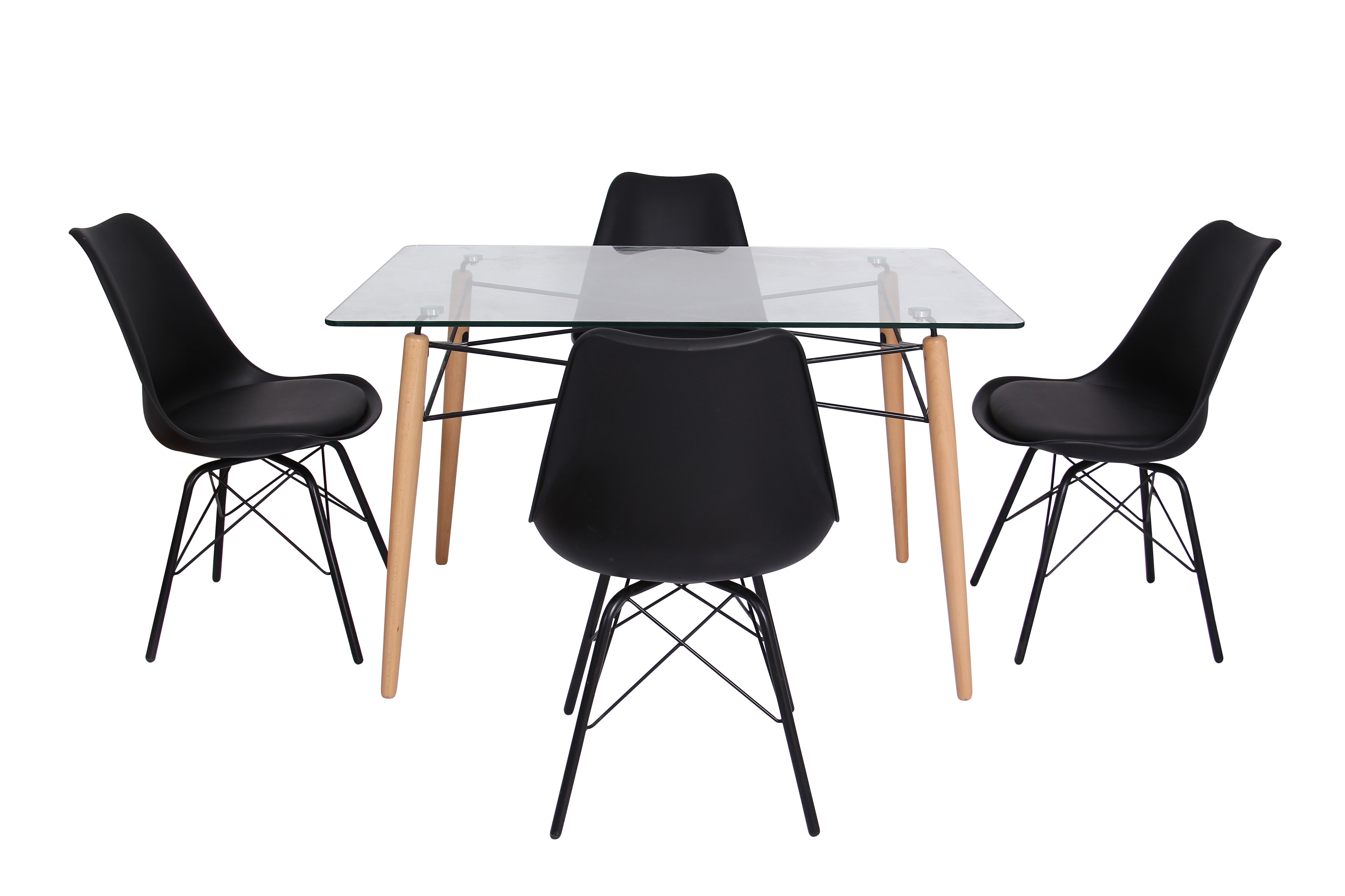 Leisuremod Dining Table Dover Rectangle Dining Table With Glass Tabletop and Beech Wood Eiffel Base