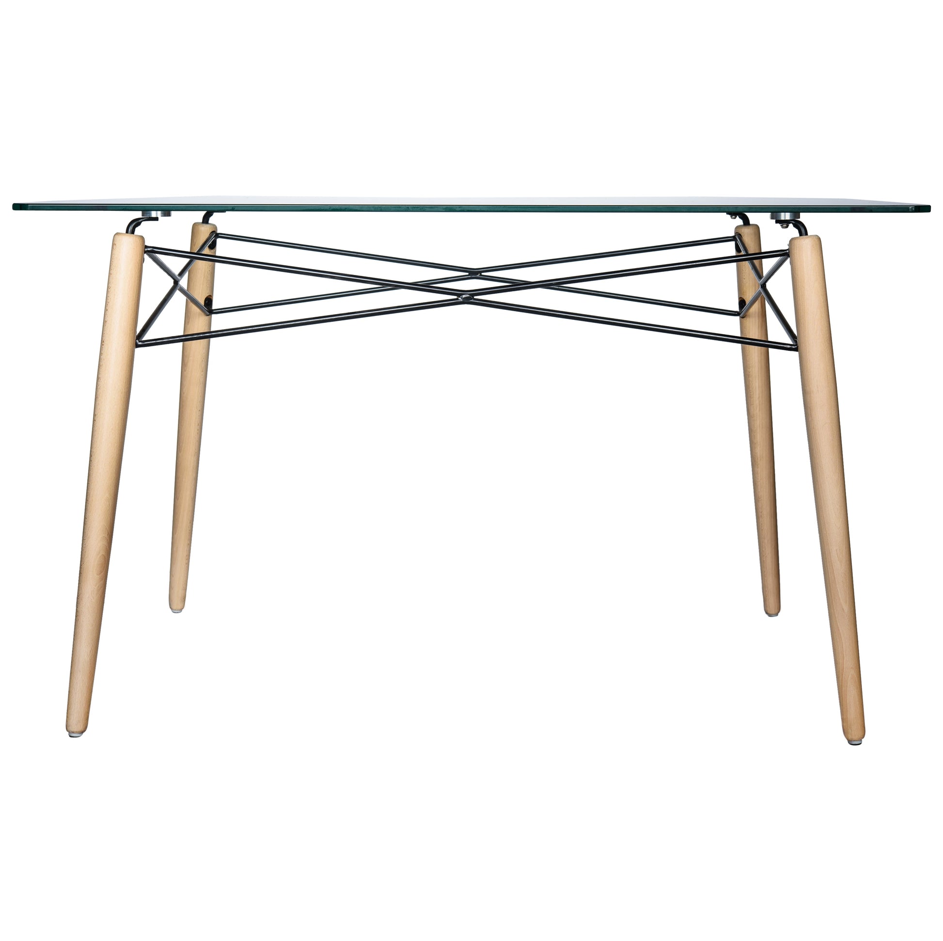 Leisuremod Dining Table Dover Rectangle Dining Table With Glass Tabletop and Beech Wood Eiffel Base