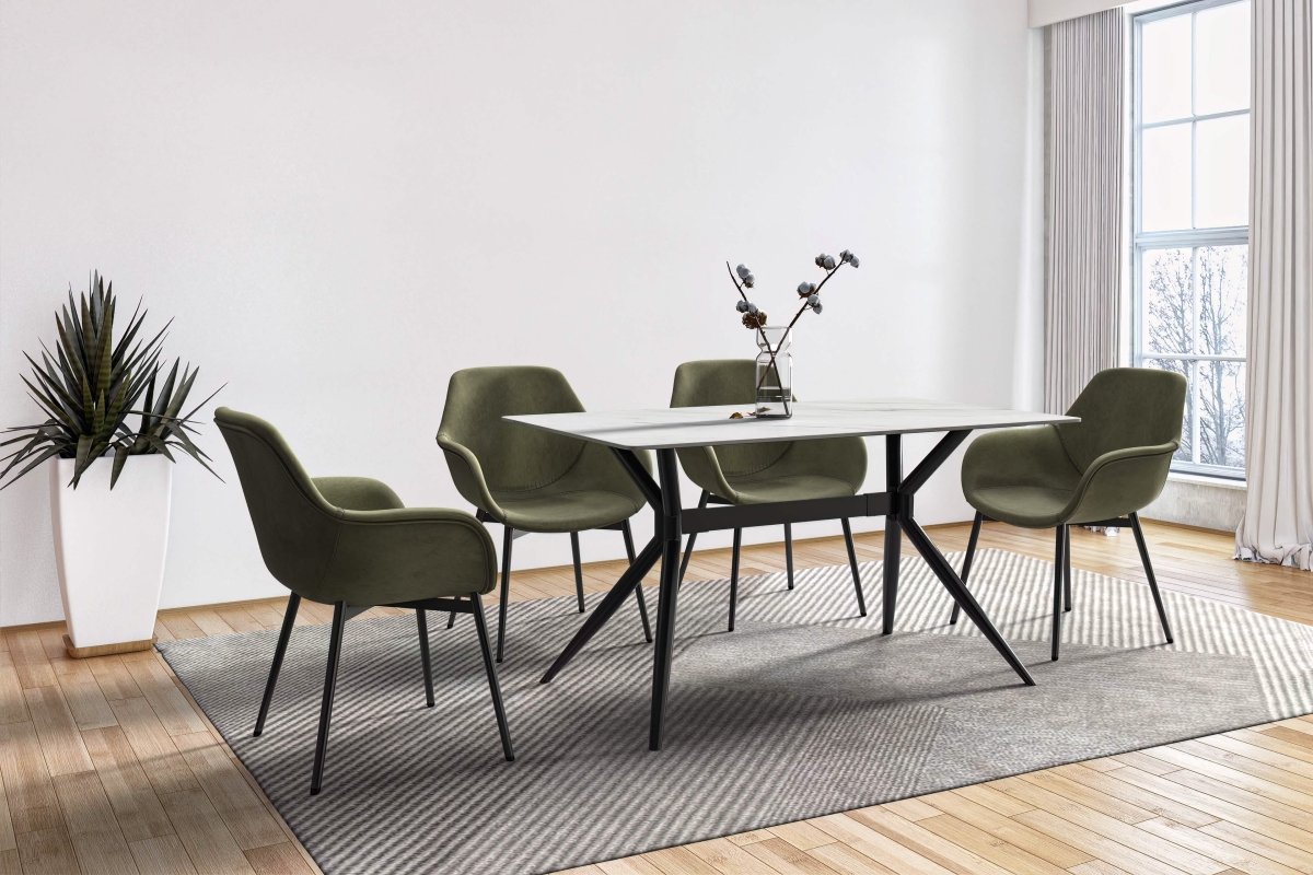 Elega Rectangular Dining Table with Sintered Stone/Glass Rectangular Top and Black Stainless Steel Base Sintered Stone 55 Inches Wide White Dining Table Leisuremod