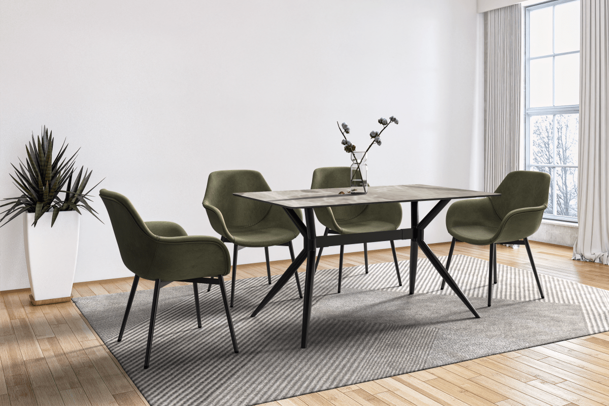 Elega Rectangular Dining Table with Sintered Stone/Glass Rectangular Top and Black Stainless Steel Base Sintered Stone 55 Inches Wide Deep Grey Dining Table Leisuremod