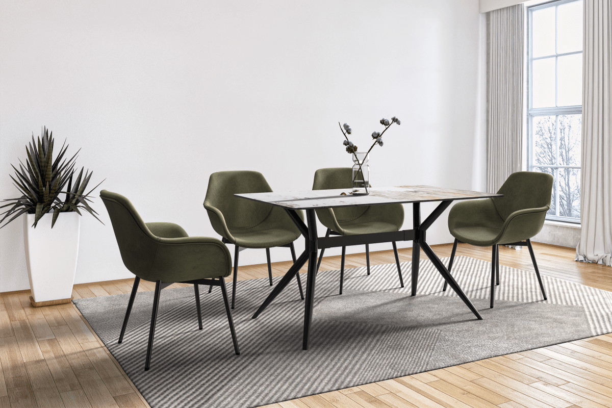 Elega Rectangular Dining Table with Sintered Stone/Glass Rectangular Top and Black Stainless Steel Base Sintered Stone 55 Inches Wide White Grey Dining Table Leisuremod