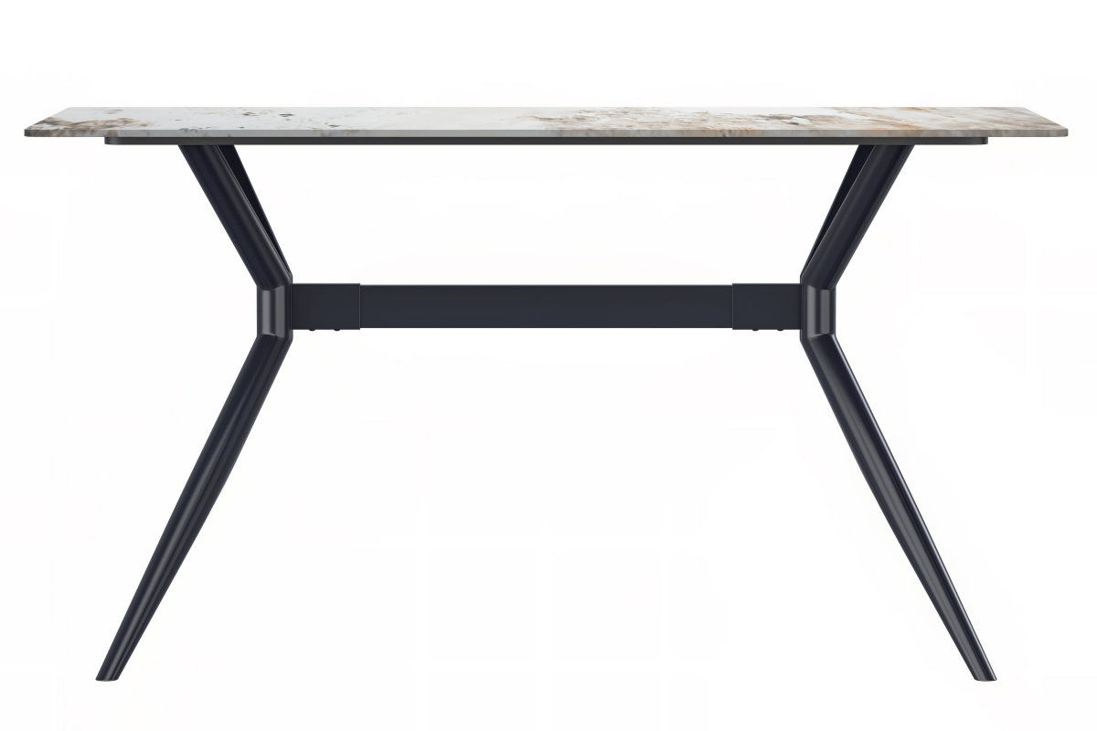 Elega Rectangular Dining Table with Sintered Stone/Glass Rectangular Top and Black Stainless Steel Base Sintered Stone 55 Inches Wide White Grey Dining Table Leisuremod