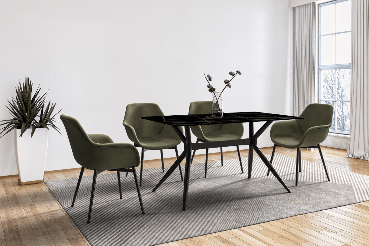 Elega Rectangular Dining Table with Sintered Stone/Glass Rectangular Top and Black Stainless Steel Base Sintered Stone 55 Inches Wide Black and Gold Dining Table Leisuremod