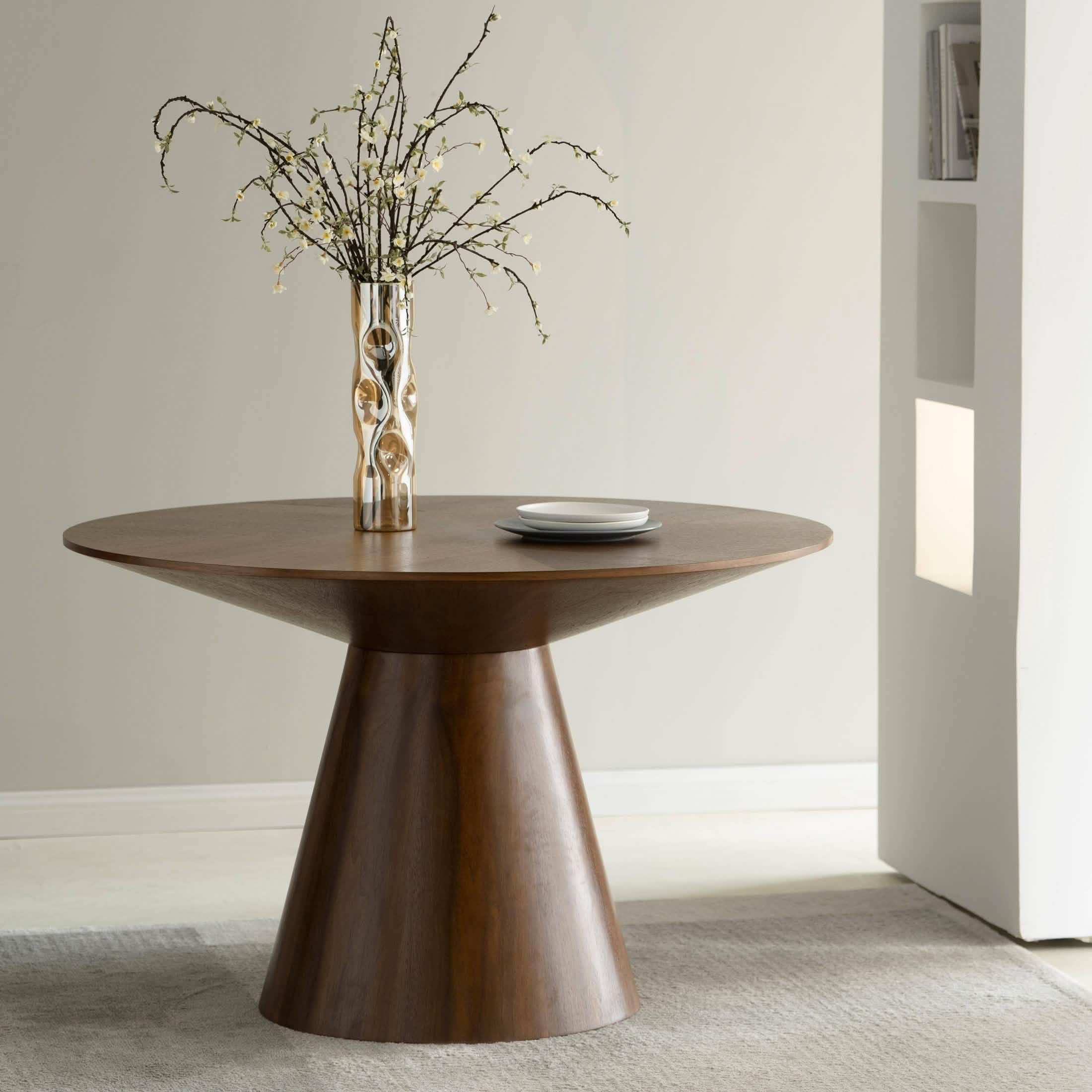 Fynix 47” Round Dining Table with Ash Wood Veneer Top and Pedestal Base Walnut Dining Table Leisuremod