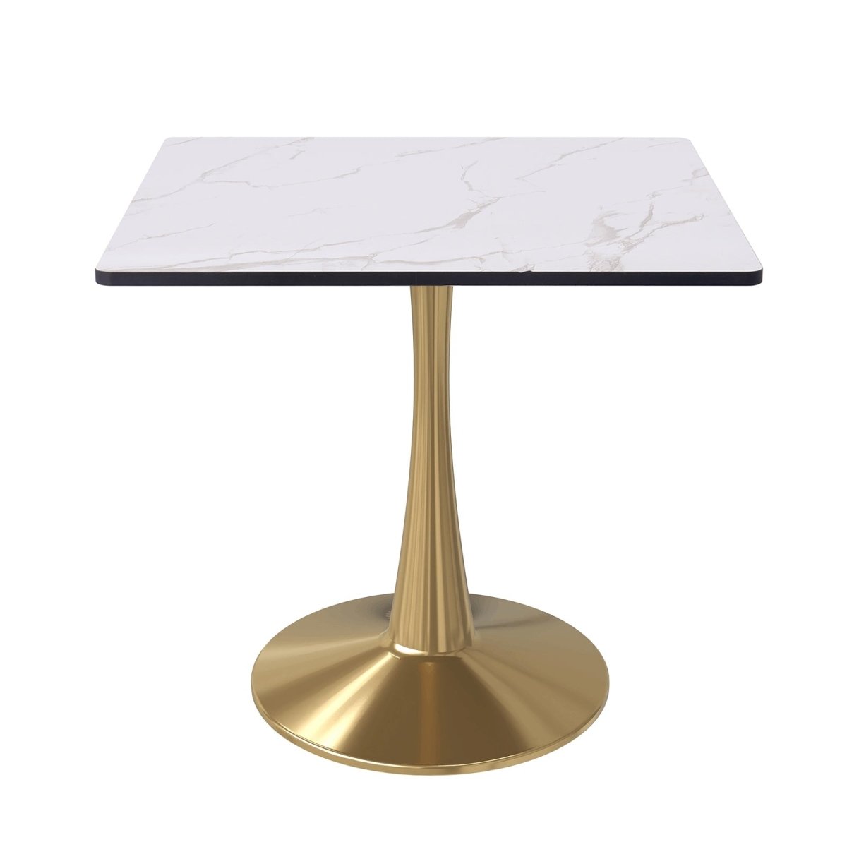 LeisureMod Dining Table Gold / 27" Wide Bristol Square Dining Table with Marble White MDF Top and Steel Pedestal Base