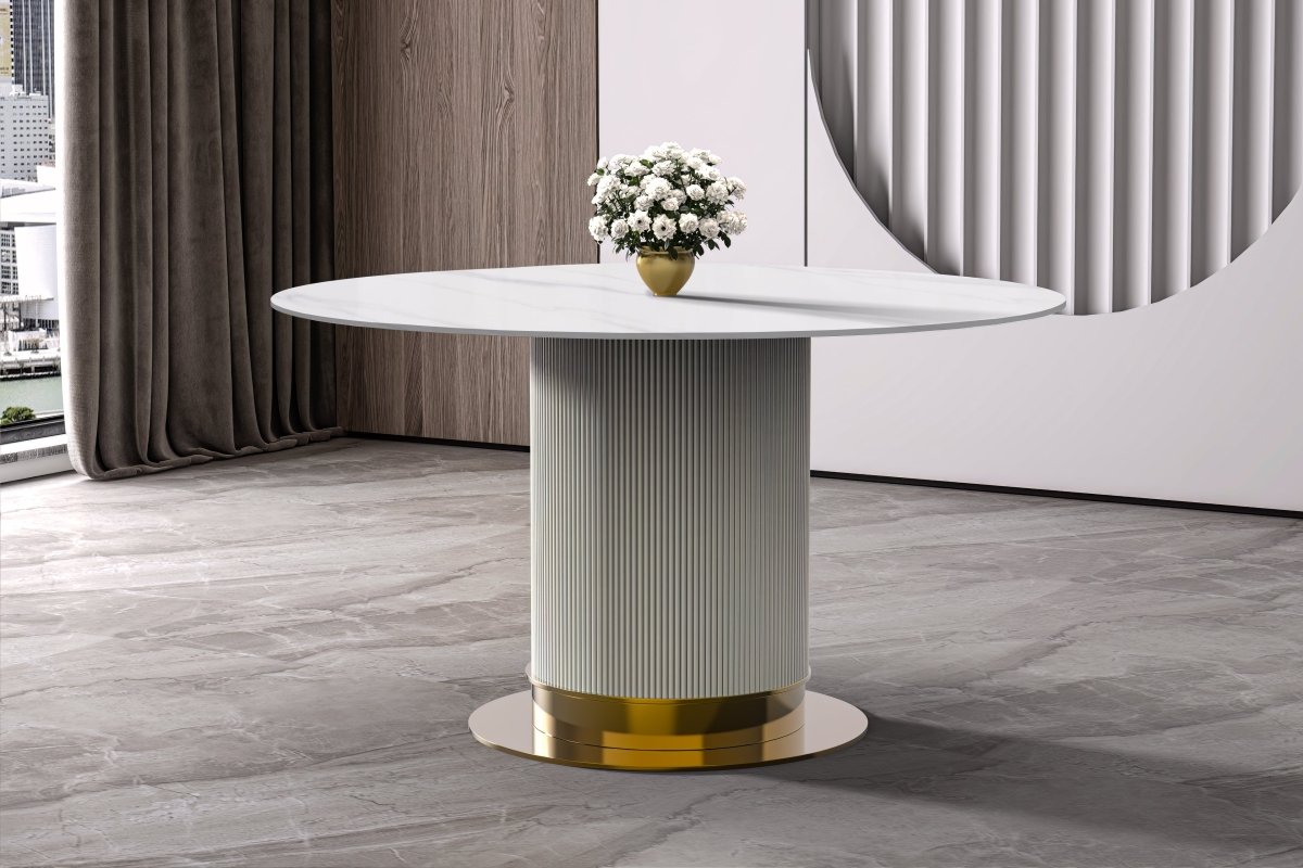 Leisuremod Dining Table Jexis Round Dining Table with Glass/Sintered Stone Top and Stainless Steel Pedestal Base