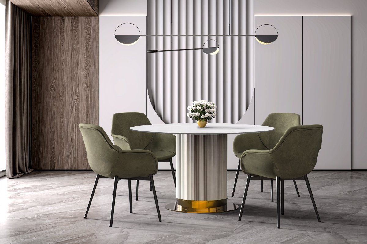 Leisuremod Dining Table Jexis Round Dining Table with Glass/Sintered Stone Top and Stainless Steel Pedestal Base