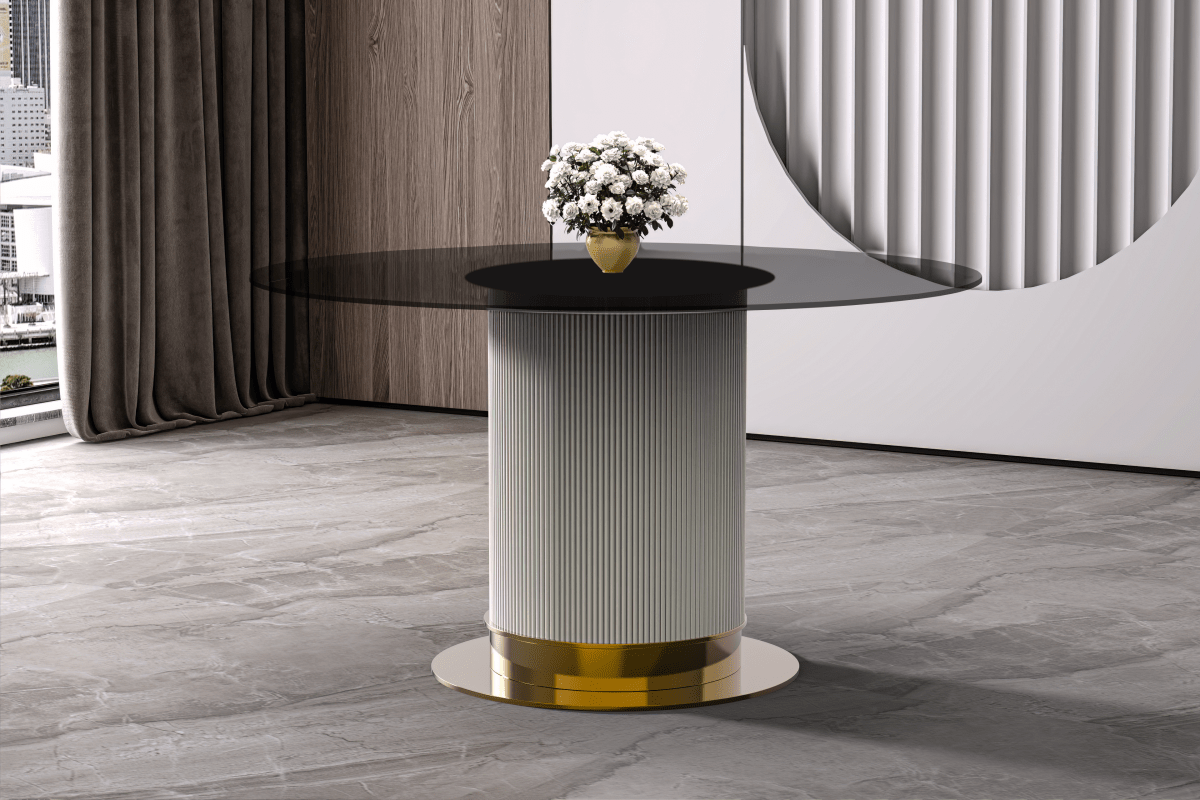 Leisuremod Dining Table Jexis Round Dining Table with Glass/Sintered Stone Top and Stainless Steel Pedestal Base