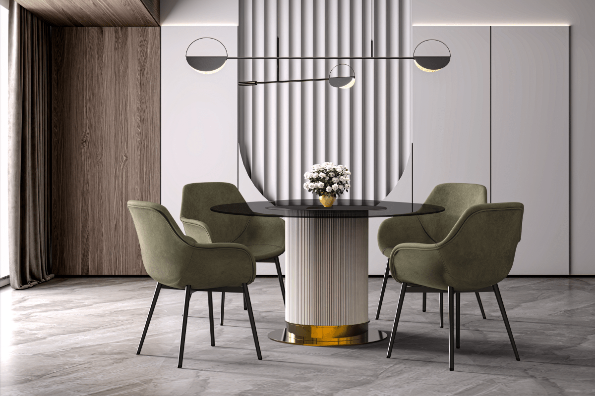 Leisuremod Dining Table Jexis Round Dining Table with Glass/Sintered Stone Top and Stainless Steel Pedestal Base