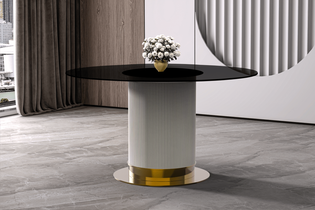 Leisuremod Dining Table Jexis Round Dining Table with Glass/Sintered Stone Top and Stainless Steel Pedestal Base