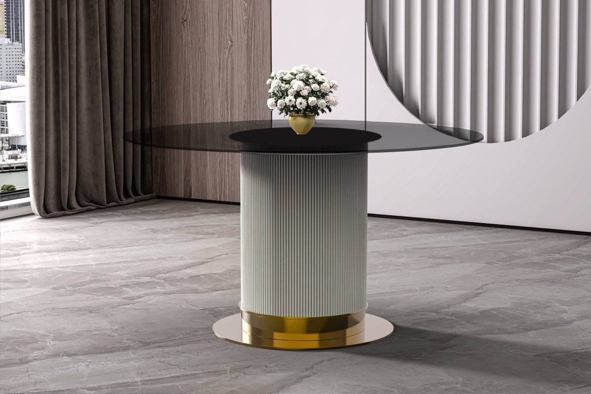 Leisuremod Dining Table Jexis Round Dining Table with Glass/Sintered Stone Top and Stainless Steel Pedestal Base