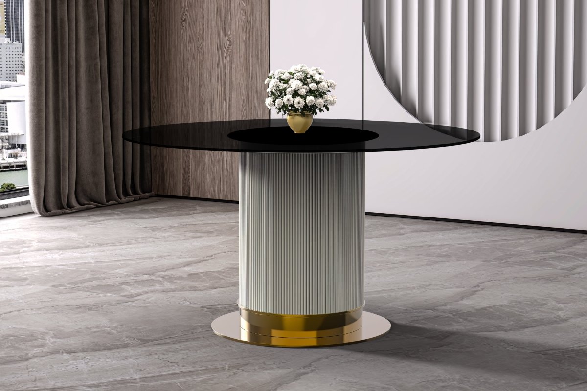 Leisuremod Dining Table Jexis Round Dining Table with Glass/Sintered Stone Top and Stainless Steel Pedestal Base