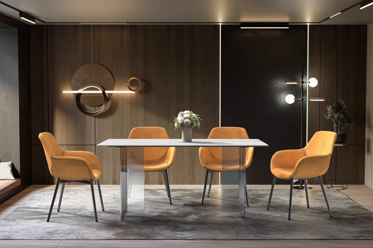 Kova Rectangular Dining Table with Sintered Stone/Glass Top and Acrylic Base Legs Sintered Stone White Dining Table Leisuremod