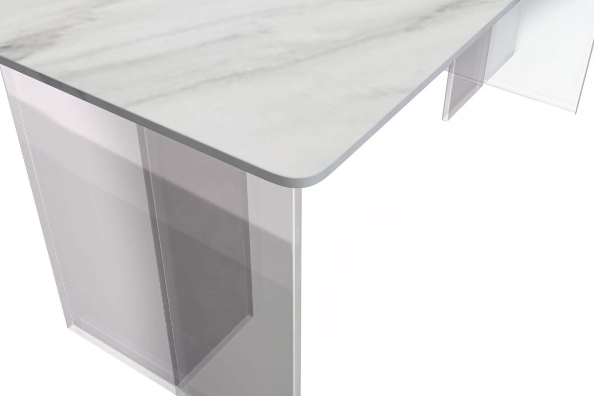 Kova Rectangular Dining Table with Sintered Stone/Glass Top and Acrylic Base Legs Sintered Stone White Dining Table Leisuremod