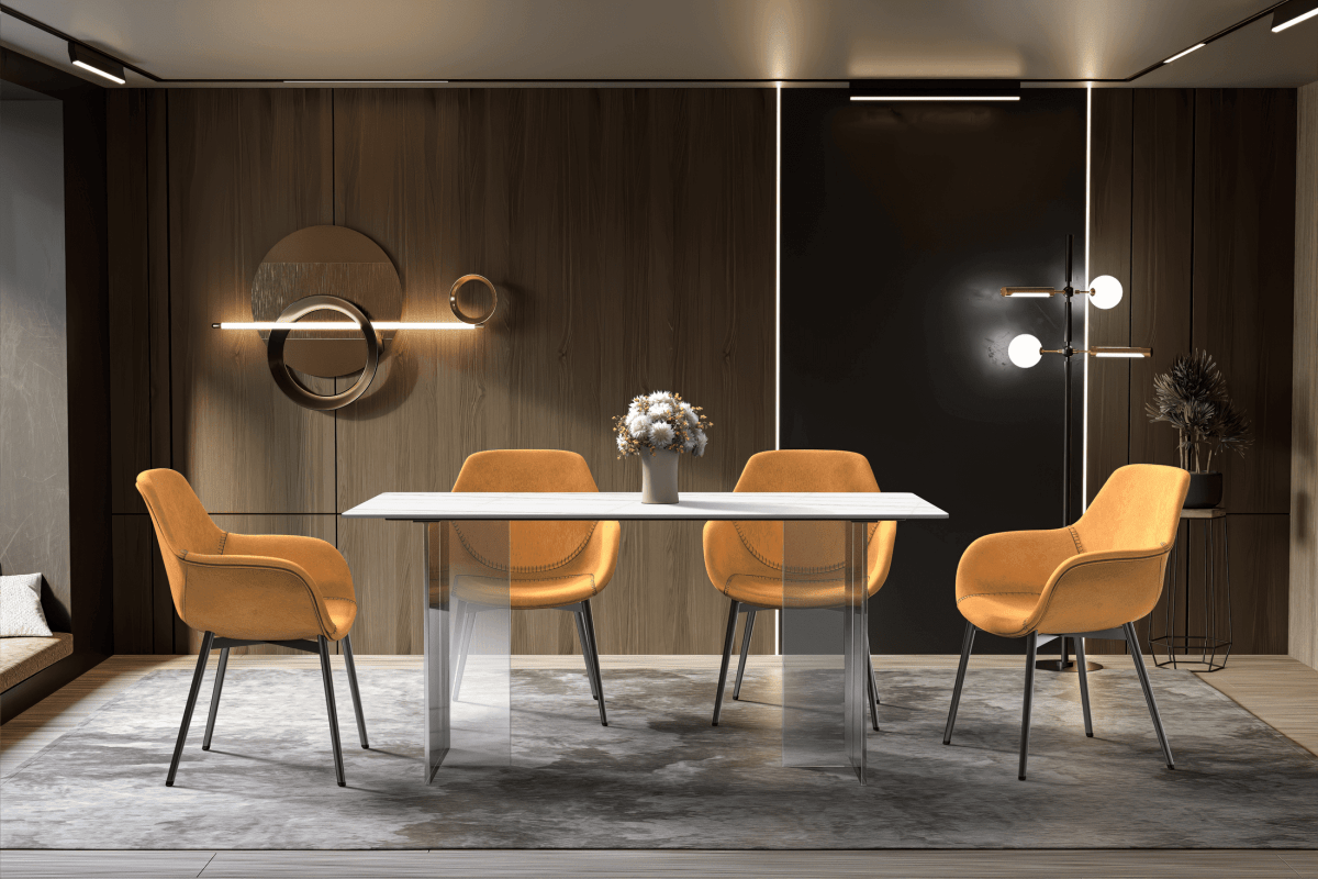 Kova Rectangular Dining Table with Sintered Stone/Glass Top and Acrylic Base Legs Sintered Stone White Gold Dining Table Leisuremod