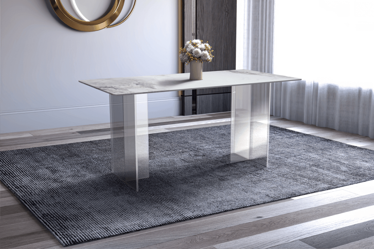 Kova Rectangular Dining Table with Sintered Stone/Glass Top and Acrylic Base Legs Sintered Stone Light Grey Dining Table Leisuremod