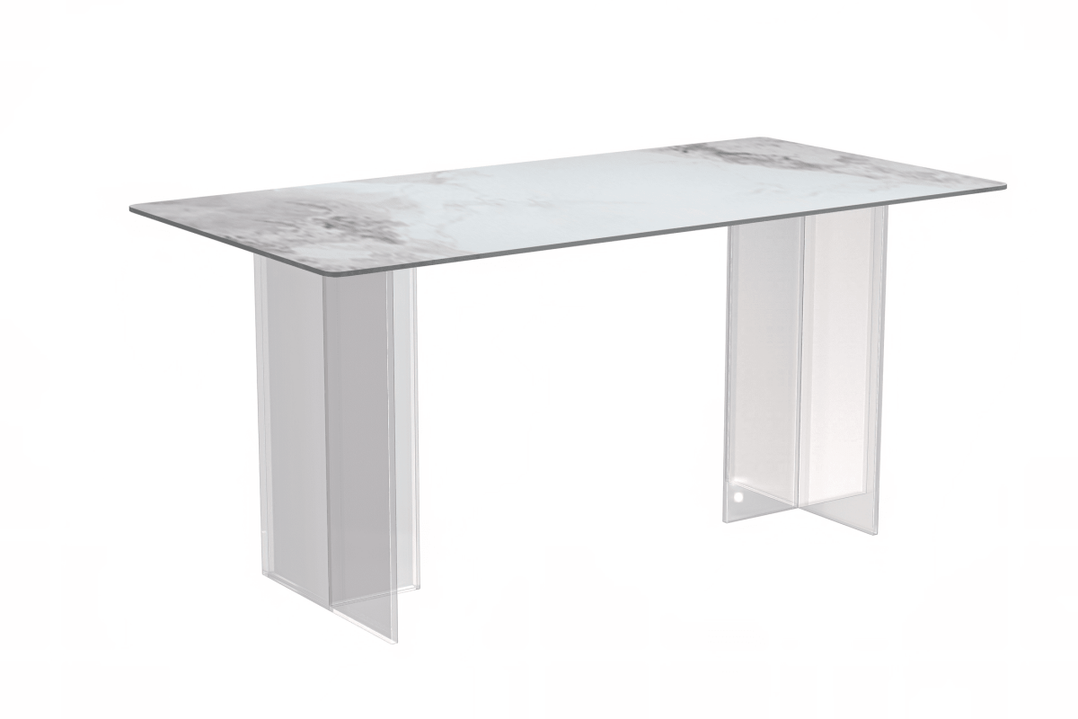 Kova Rectangular Dining Table with Sintered Stone/Glass Top and Acrylic Base Legs Sintered Stone Light Grey Dining Table Leisuremod