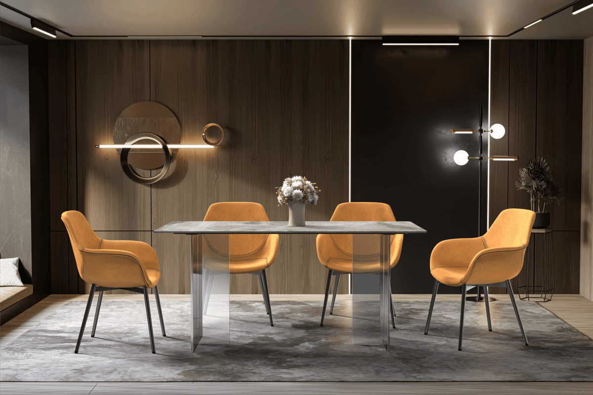 Kova Rectangular Dining Table with Sintered Stone/Glass Top and Acrylic Base Legs Sintered Stone Deep Grey Dining Table Leisuremod