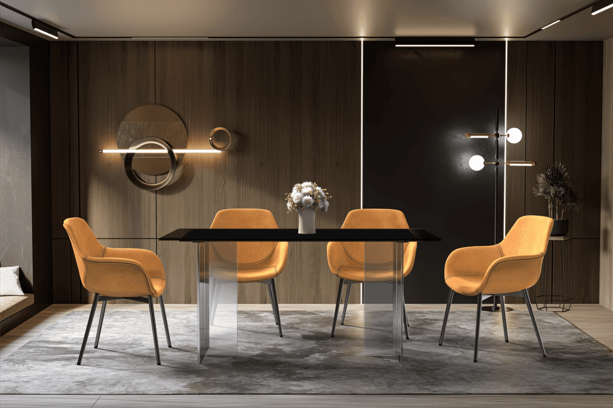 Kova Rectangular Dining Table with Sintered Stone/Glass Top and Acrylic Base Legs Dining Table Leisuremod