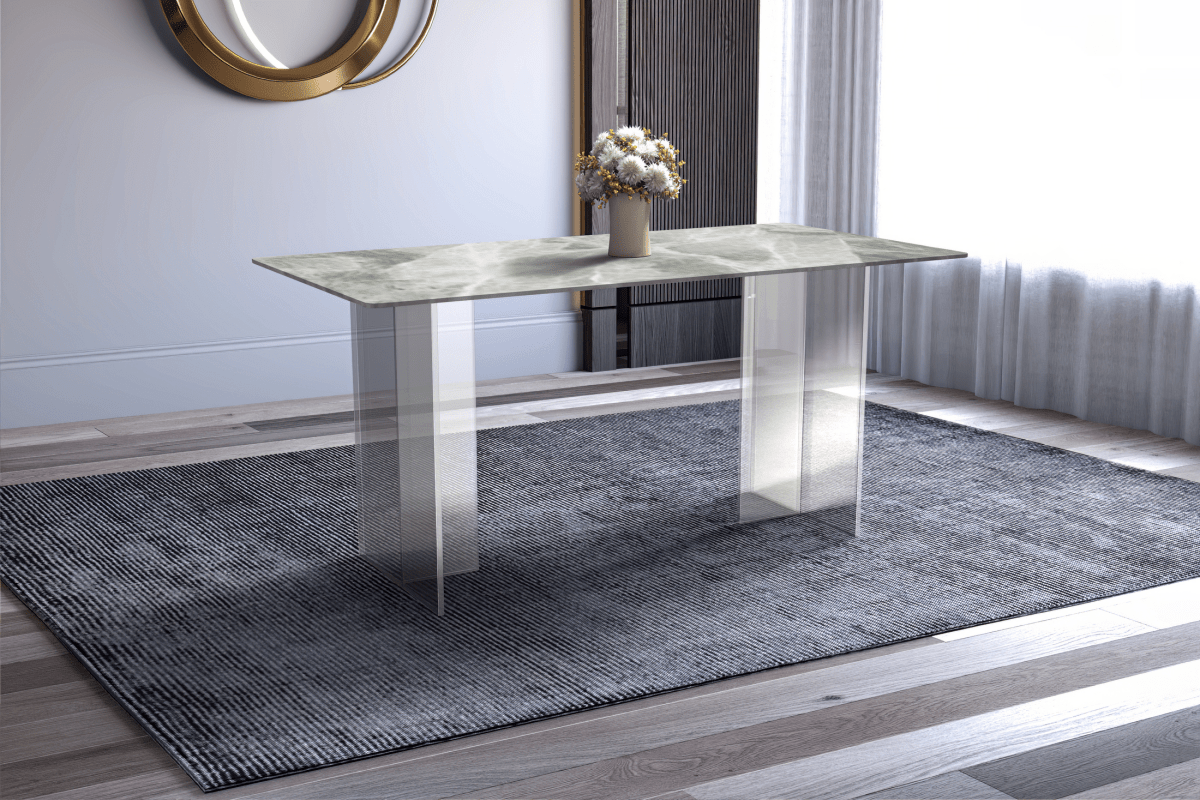Kova Rectangular Dining Table with Sintered Stone/Glass Top and Acrylic Base Legs Sintered Stone Light Grey Dining Table Leisuremod