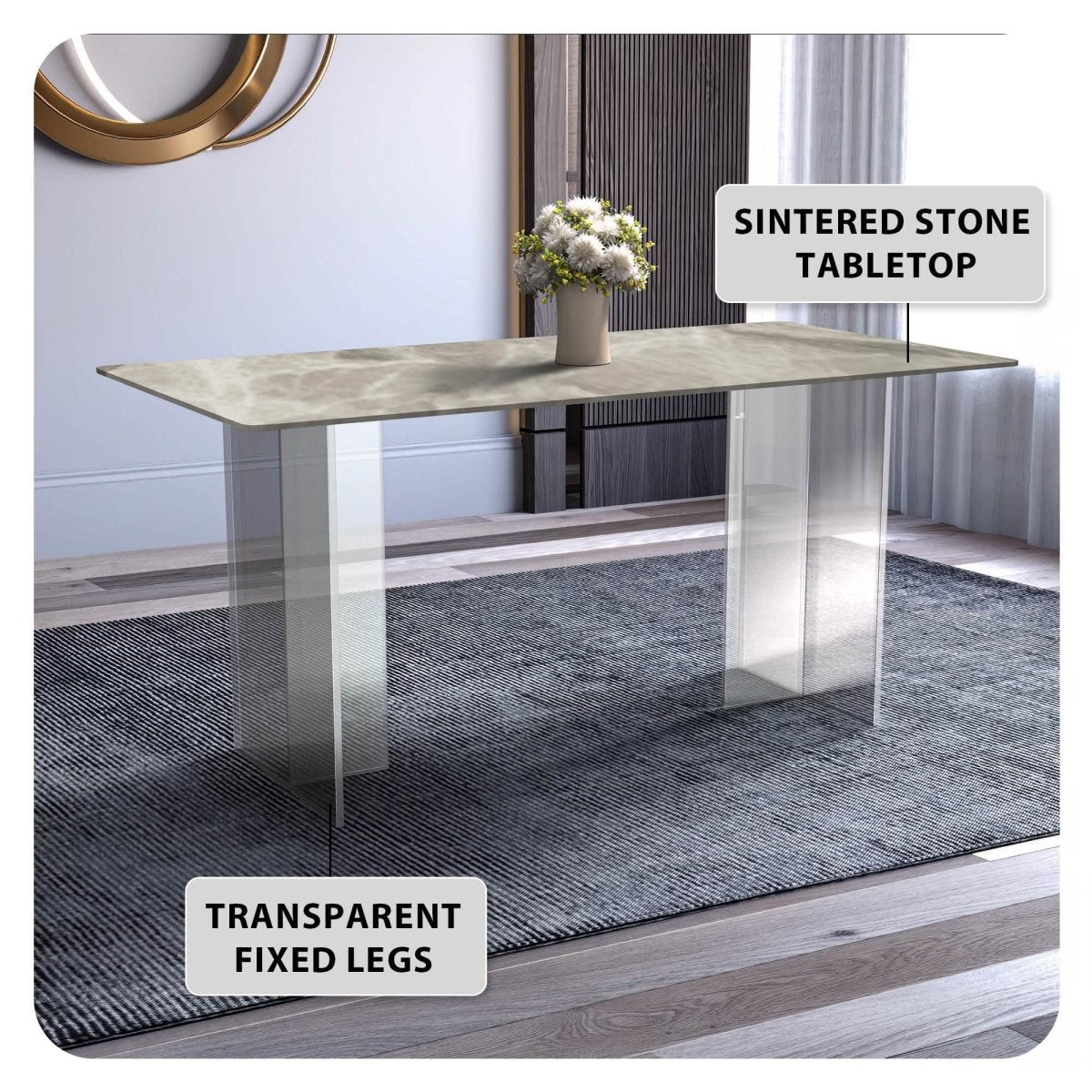 Kova Rectangular Dining Table with Sintered Stone/Glass Top and Acrylic Base Legs Sintered Stone Deep Grey Dining Table Leisuremod