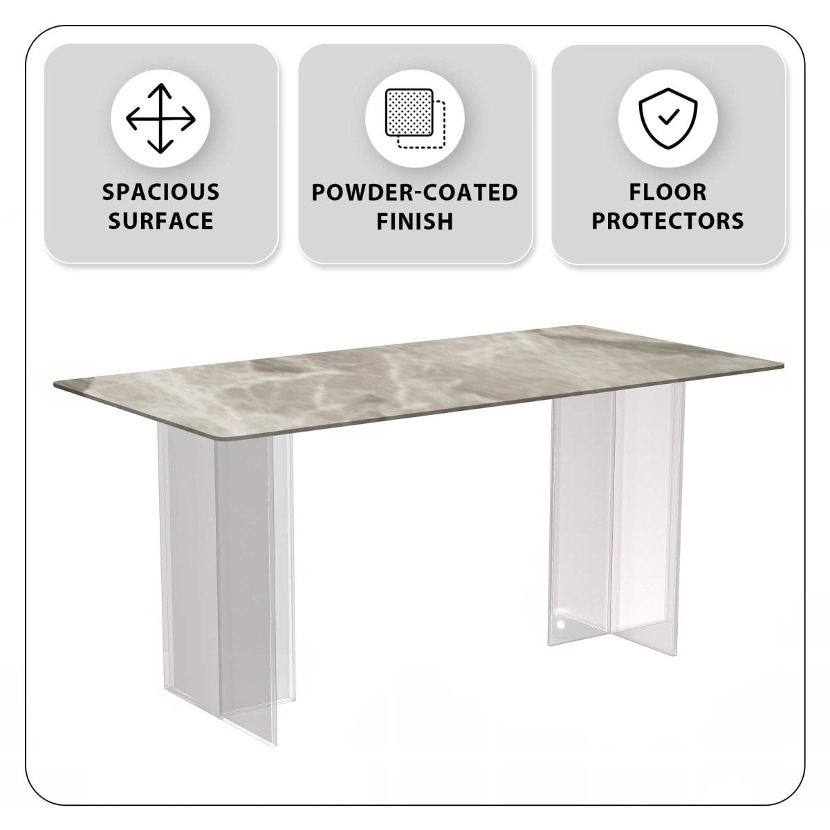 Kova Rectangular Dining Table with Sintered Stone/Glass Top and Acrylic Base Legs Sintered Stone White Grey Dining Table Leisuremod