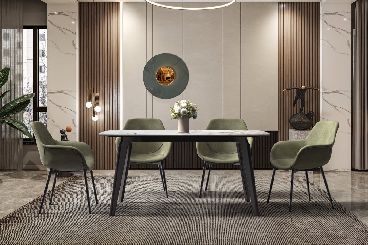 Leisuremod Dining Table Krevor Modern Dining Table with Rectangular Stone/Glass Wide Tabletop with Black Steel Legs