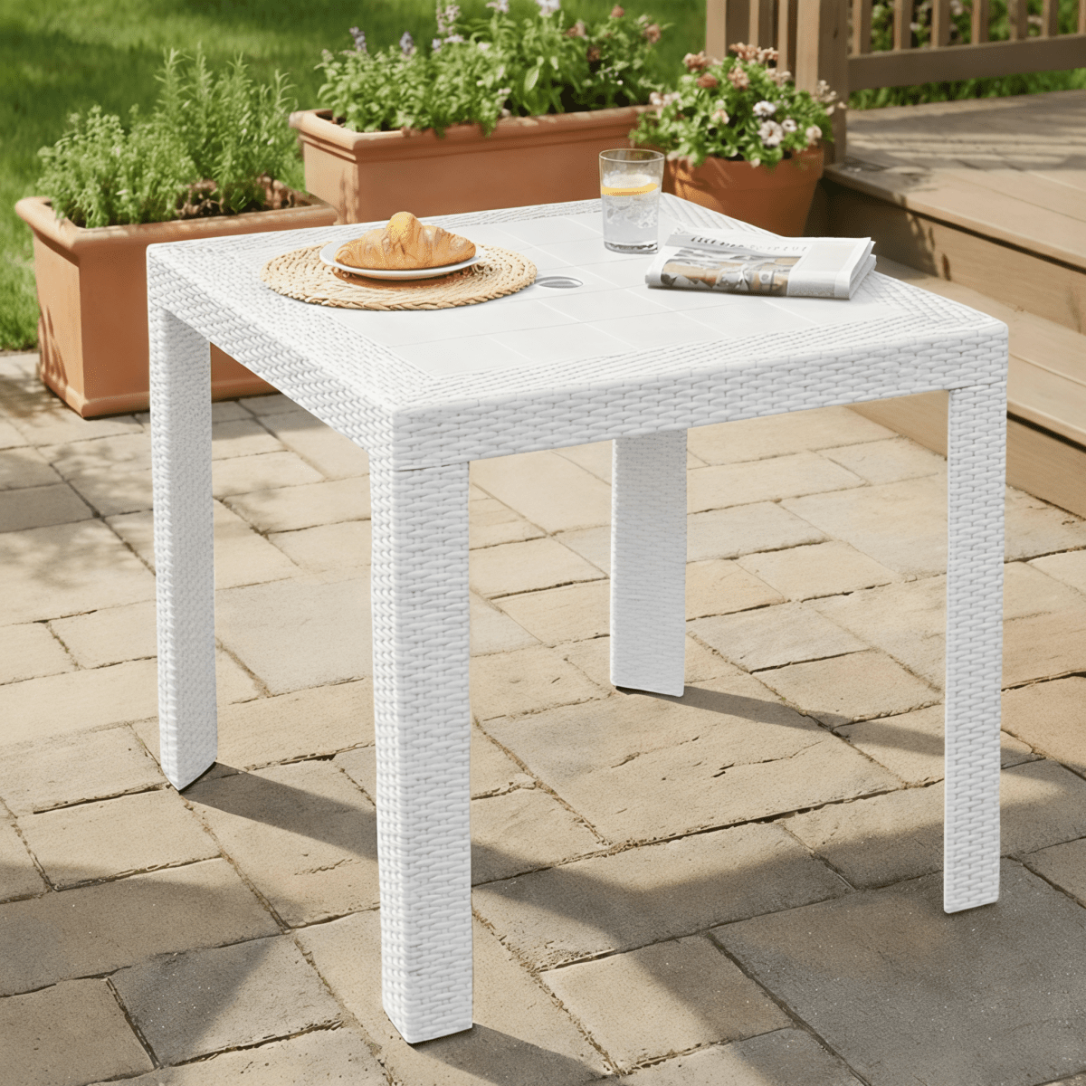 Mace Weave Design Square/Rectangular Dining Table in Polypropylene Plastic 31" Wide White Dining Table Leisuremod