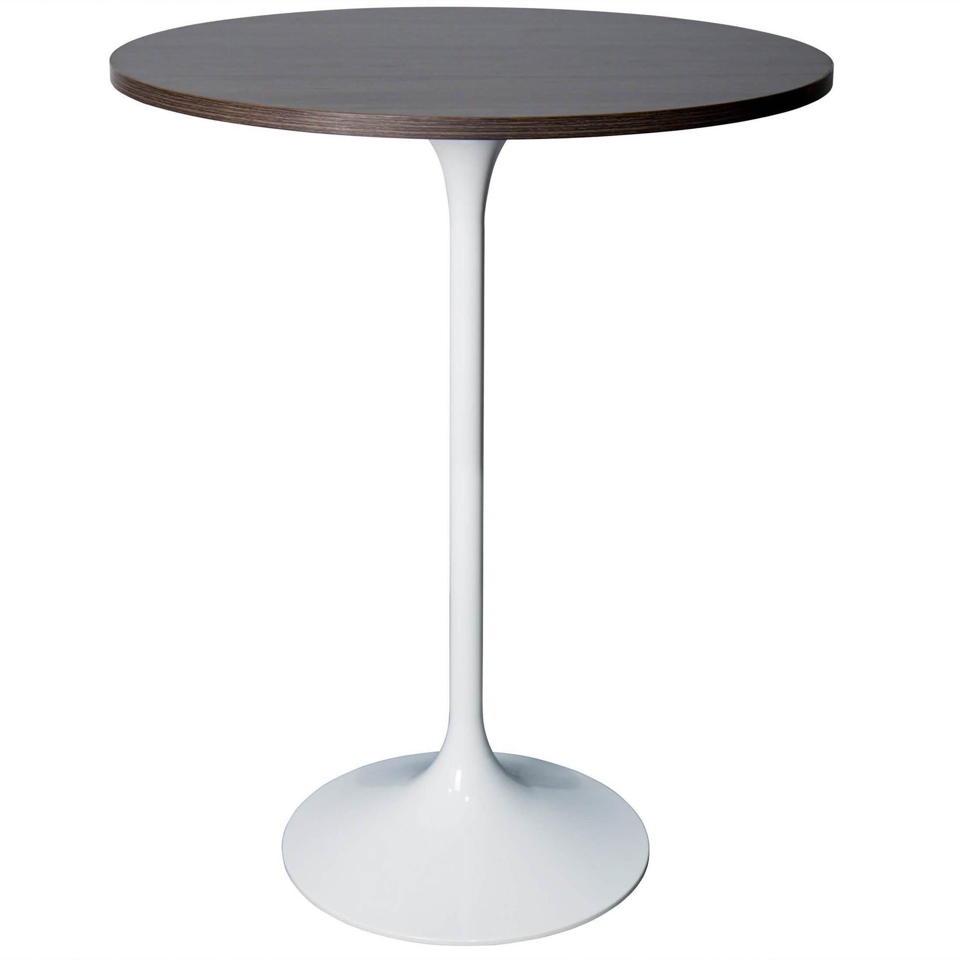 Verve Bar Height Dining Table with Round MDF/Sintered Stone/Resin Top and White Stainless Steel Pedestal Base MDF 27 Inches Wide Dark Walnut Dining Table Leisuremod