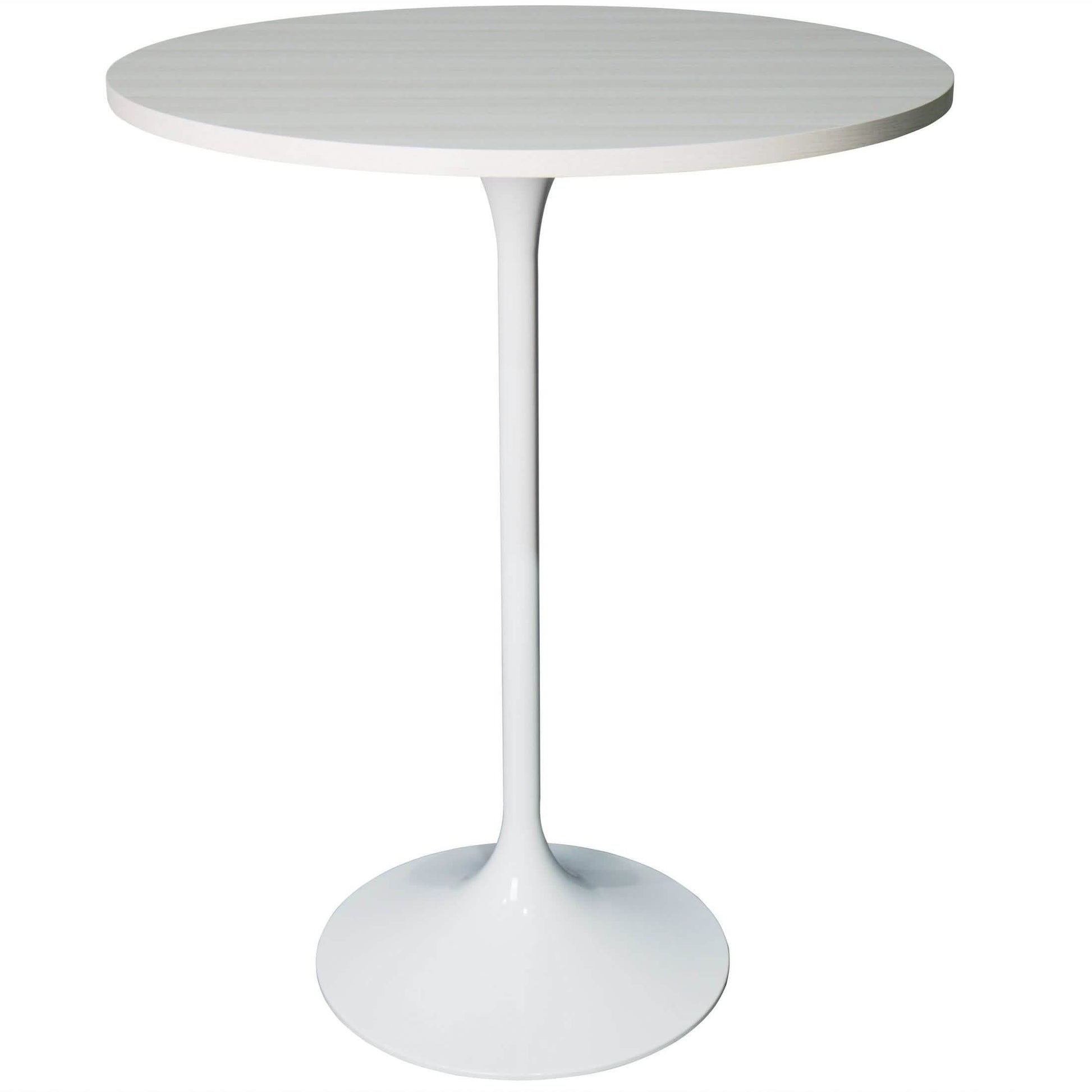 Verve Bar Height Dining Table with Round MDF/Sintered Stone/Resin Top and White Stainless Steel Pedestal Base MDF 27 Inches Wide Light Natural Wood Dining Table Leisuremod