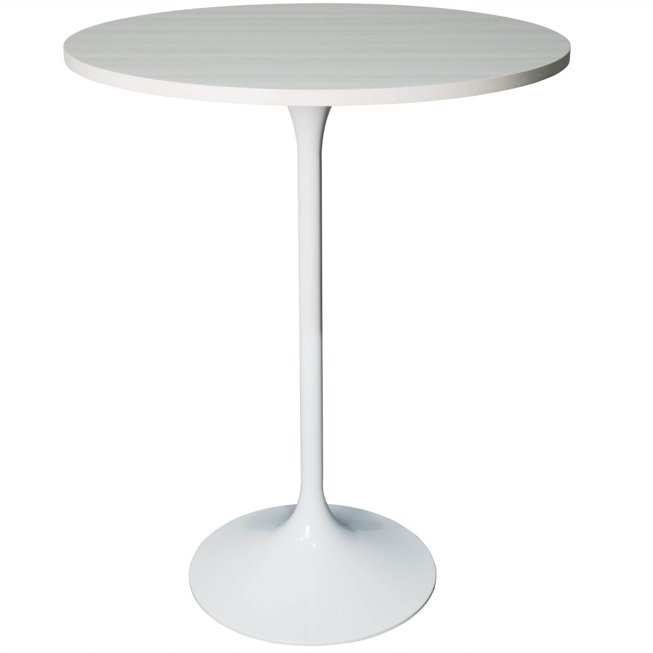 Verve Bar Height Dining Table with Round MDF/Sintered Stone/Resin Top and White Stainless Steel Pedestal Base MDF 27 Inches Wide Light Natural Wood Dining Table Leisuremod